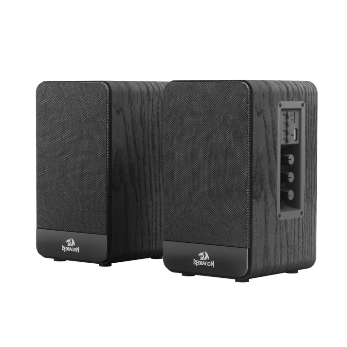 Redragon GS813 Wireless Desktop Bookshelf Speakers – 2.0 Channel, 20W DC, 3.5" Bass Drivers, BT5.0/AUX/SD Card/USB, Volume & Treble/Bass Knob, Media Control – Black Wood