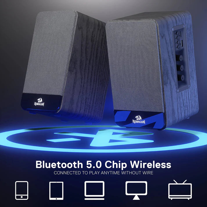 Redragon GS813 Wireless Desktop Bookshelf Speakers – 2.0 Channel, 20W DC, 3.5" Bass Drivers, BT5.0/AUX/SD Card/USB, Volume & Treble/Bass Knob, Media Control – Black Wood