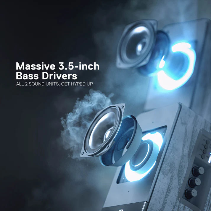 Redragon GS813 Wireless Desktop Bookshelf Speakers – 2.0 Channel, 20W DC, 3.5" Bass Drivers, BT5.0/AUX/SD Card/USB, Volume & Treble/Bass Knob, Media Control – Black Wood