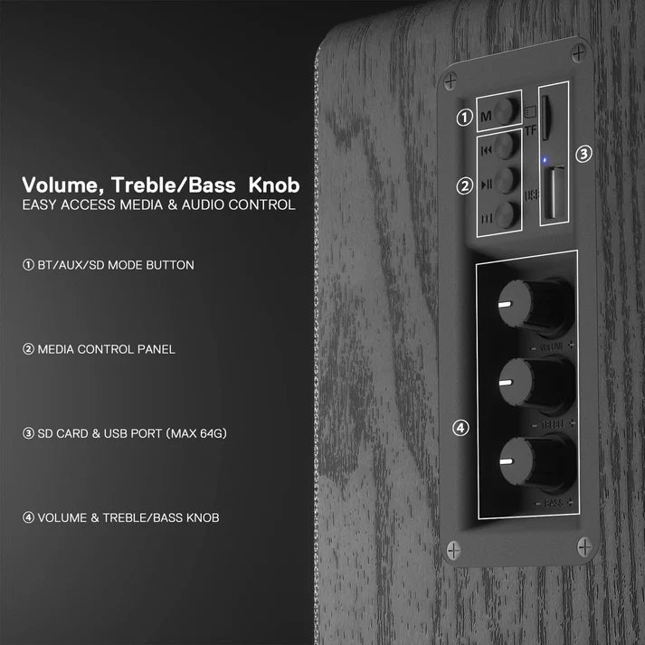 Redragon GS813 Wireless Desktop Bookshelf Speakers – 2.0 Channel, 20W DC, 3.5" Bass Drivers, BT5.0/AUX/SD Card/USB, Volume & Treble/Bass Knob, Media Control – Black Wood
