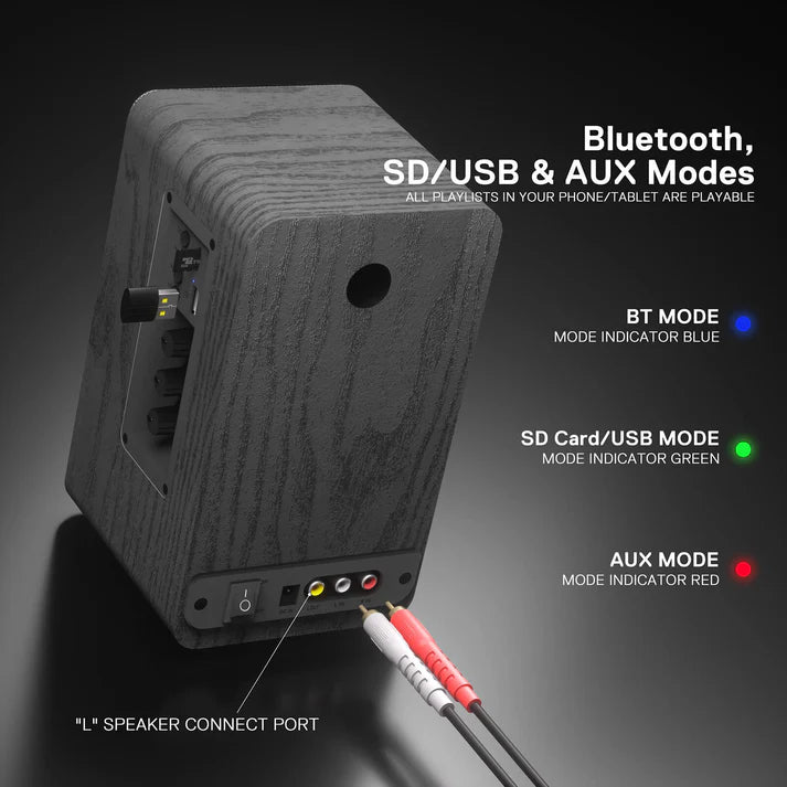Redragon GS813 Wireless Desktop Bookshelf Speakers – 2.0 Channel, 20W DC, 3.5" Bass Drivers, BT5.0/AUX/SD Card/USB, Volume & Treble/Bass Knob, Media Control – Black Wood