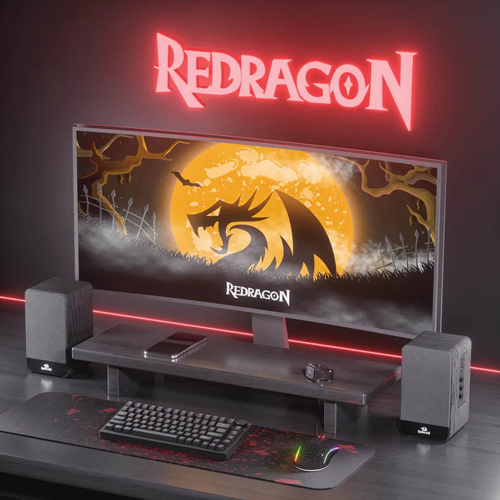 Redragon GS813 Wireless Desktop Bookshelf Speakers – 2.0 Channel, 20W DC, 3.5" Bass Drivers, BT5.0/AUX/SD Card/USB, Volume & Treble/Bass Knob, Media Control – Black Wood
