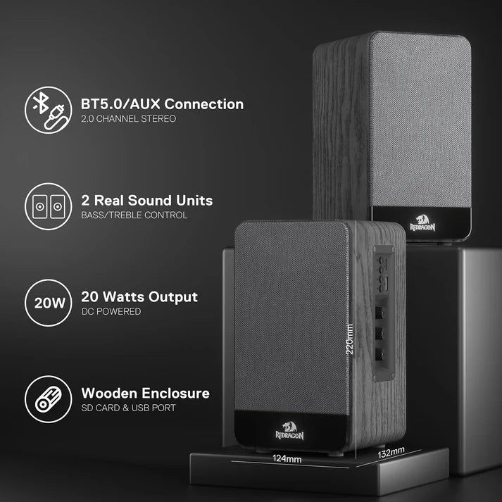 Redragon GS813 Wireless Desktop Bookshelf Speakers – 2.0 Channel, 20W DC, 3.5" Bass Drivers, BT5.0/AUX/SD Card/USB, Volume & Treble/Bass Knob, Media Control – Black Wood