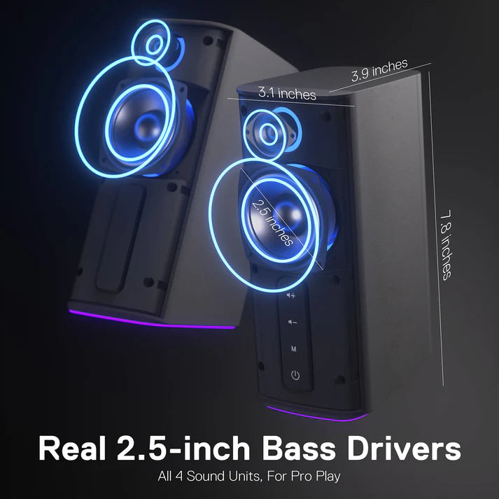 Redragon GS814 Stereo Desktop Speakers – 2.0 Channel, 20W DC, 4 Sound Units (2.5" + 3.1" Drivers), BT5.0/AUX, Touch Control, 4 RGB Base Modes – Black