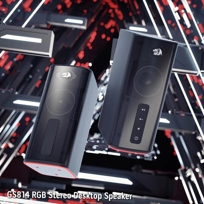 Redragon GS814 Stereo Desktop Speakers – 2.0 Channel, 20W DC, 4 Sound Units (2.5" + 3.1" Drivers), BT5.0/AUX, Touch Control, 4 RGB Base Modes – Black