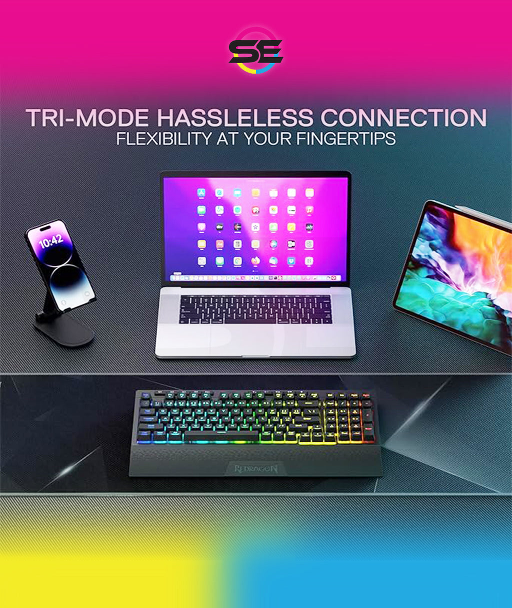 Redragon K515 PRO Shiva RGB 3-Mode Wireless Membrane Gaming Keyboard – 98 Keys, Detachable Wrist Rest