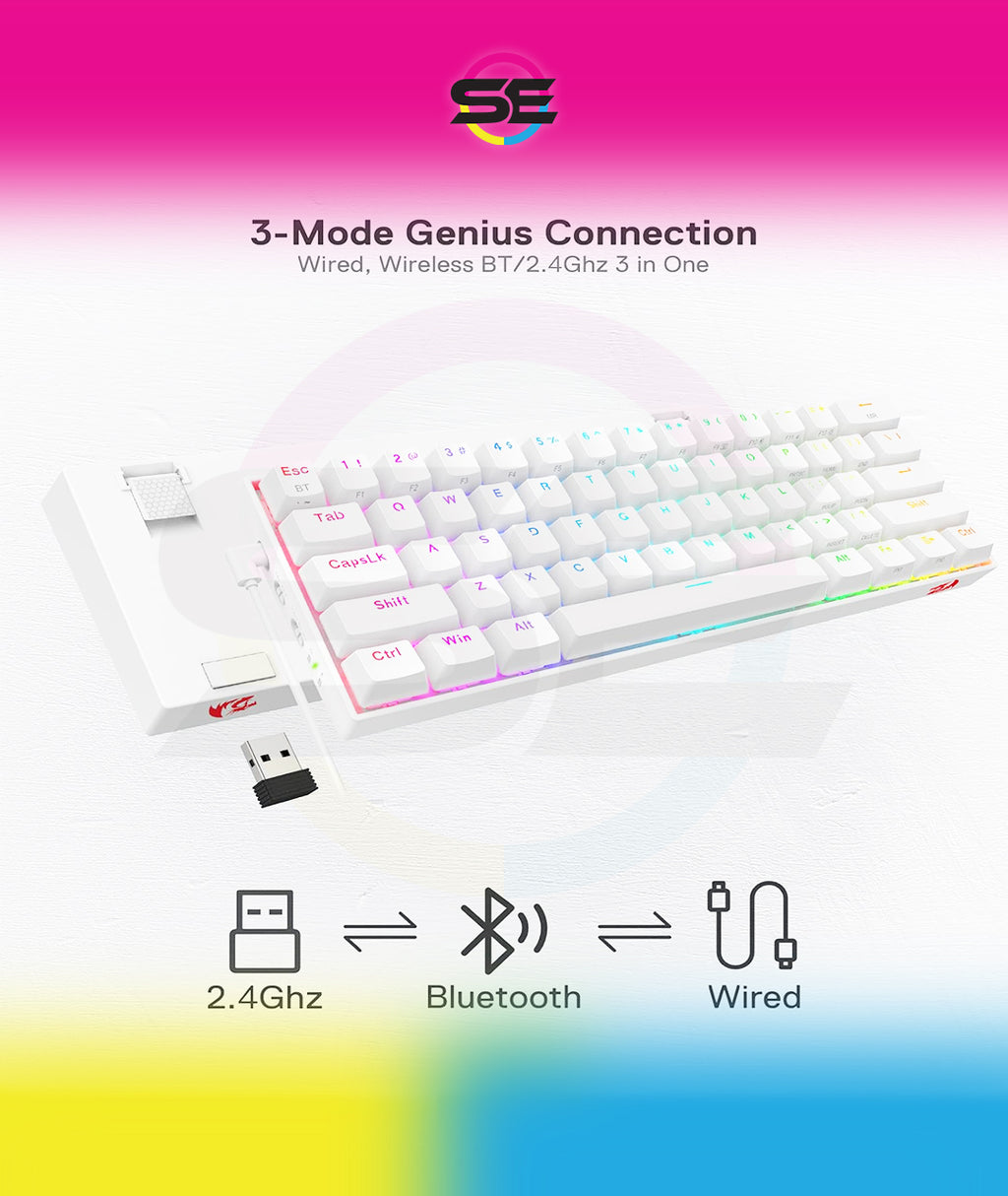 Redragon K530 Pro Draconic 60% RGB 3-Mode Wireless Mechanical Gaming Keyboard – 61 Keys, Hot-Swappable, Blue Switch – White