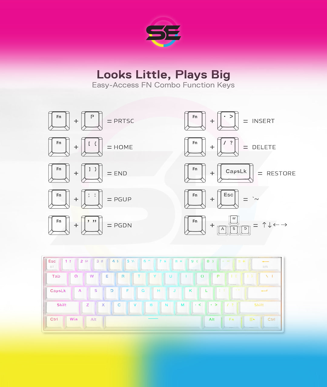 Redragon K530 Pro Draconic 60% RGB 3-Mode Wireless Mechanical Gaming Keyboard – 61 Keys, Hot-Swappable, Blue Switch – White