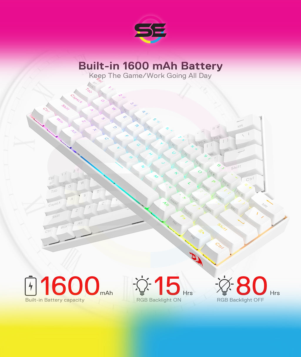 Redragon K530 Pro Draconic 60% RGB 3-Mode Wireless Mechanical Gaming Keyboard – 61 Keys, Hot-Swappable, Blue Switch – White