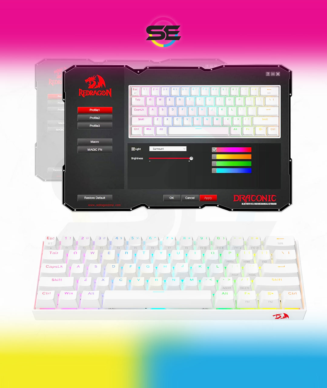 Redragon K530 Pro Draconic 60% RGB 3-Mode Wireless Mechanical Gaming Keyboard – 61 Keys, Hot-Swappable, Blue Switch – White