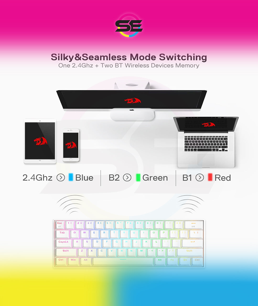 Redragon K530 Pro Draconic 60% RGB 3-Mode Wireless Mechanical Gaming Keyboard – 61 Keys, Hot-Swappable, Blue Switch – White