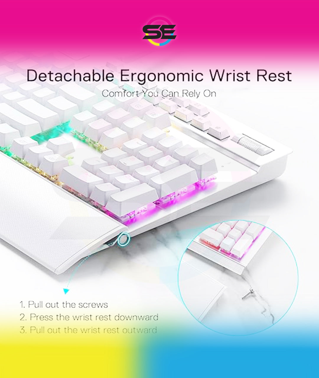 Redragon K550 YAMA RGB Wired Mechanical Gaming Keyboard – Full Size, Brown Switch, 12 Macro Keys, Volume Wheel, USB Pass-through, Detachable Wrist Rest – White