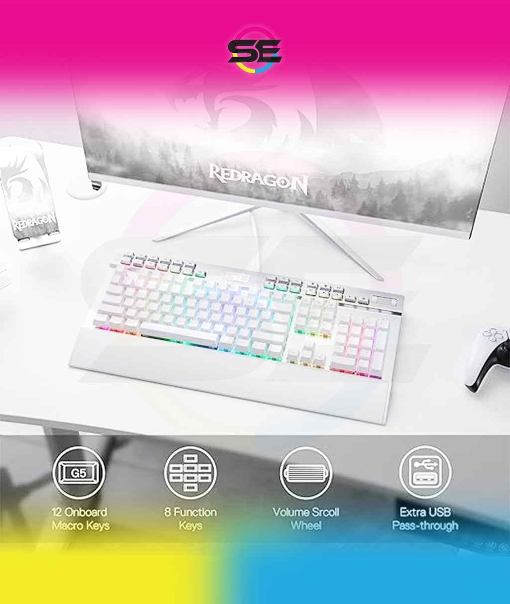 Redragon K550 YAMA RGB Wired Mechanical Gaming Keyboard – Full Size, Brown Switch, 12 Macro Keys, Volume Wheel, USB Pass-through, Detachable Wrist Rest – White