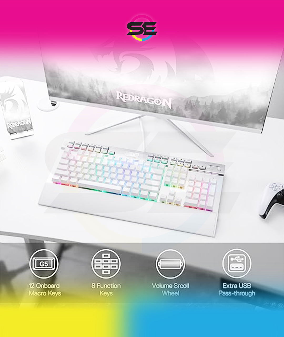 Redragon K550 YAMA RGB Wired Mechanical Gaming Keyboard – Full Size, Brown Switch, 12 Macro Keys, Volume Wheel, USB Pass-through, Detachable Wrist Rest – White