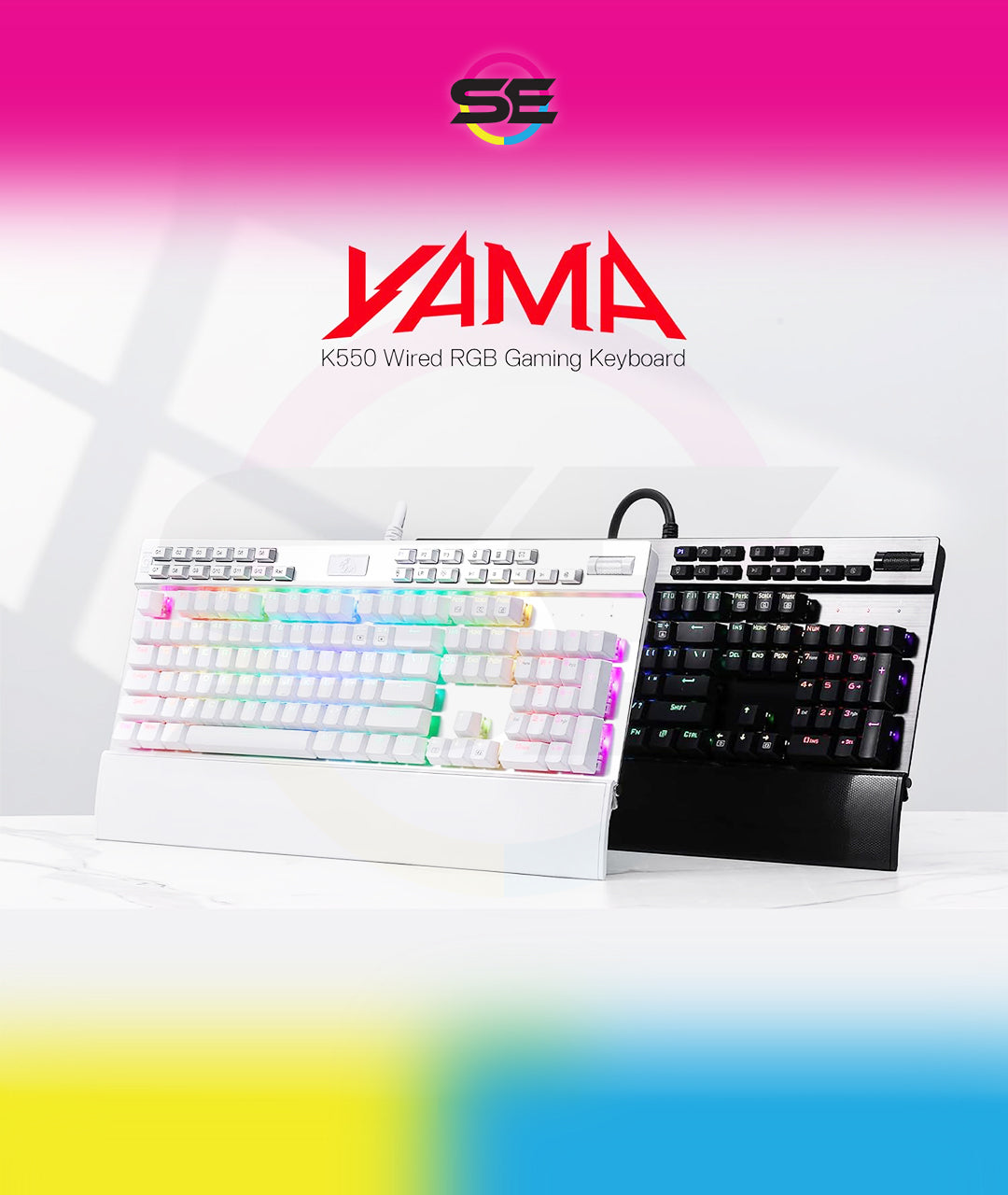 Redragon K550 YAMA RGB Wired Mechanical Gaming Keyboard – Full Size, Brown Switch, 12 Macro Keys, Volume Wheel, USB Pass-through, Detachable Wrist Rest – White