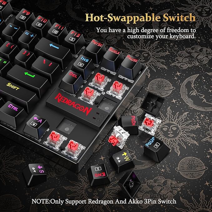 Redragon K552-KR KUMARA RGB Wired Mechanical Gaming Keyboard – 87 Keys TKL, Red Switch, Rainbow LED – Black