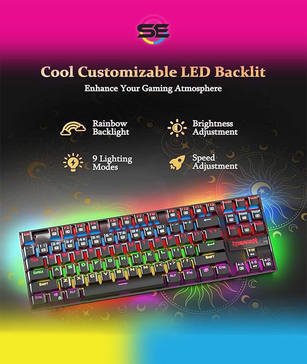Redragon K552-KR KUMARA RGB Wired Mechanical Gaming Keyboard – 87 Keys TKL, Red Switch, Rainbow LED – Black