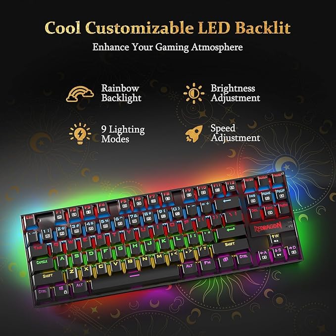 Redragon K552-KR KUMARA RGB Wired Mechanical Gaming Keyboard – 87 Keys TKL, Red Switch, Rainbow LED – Black