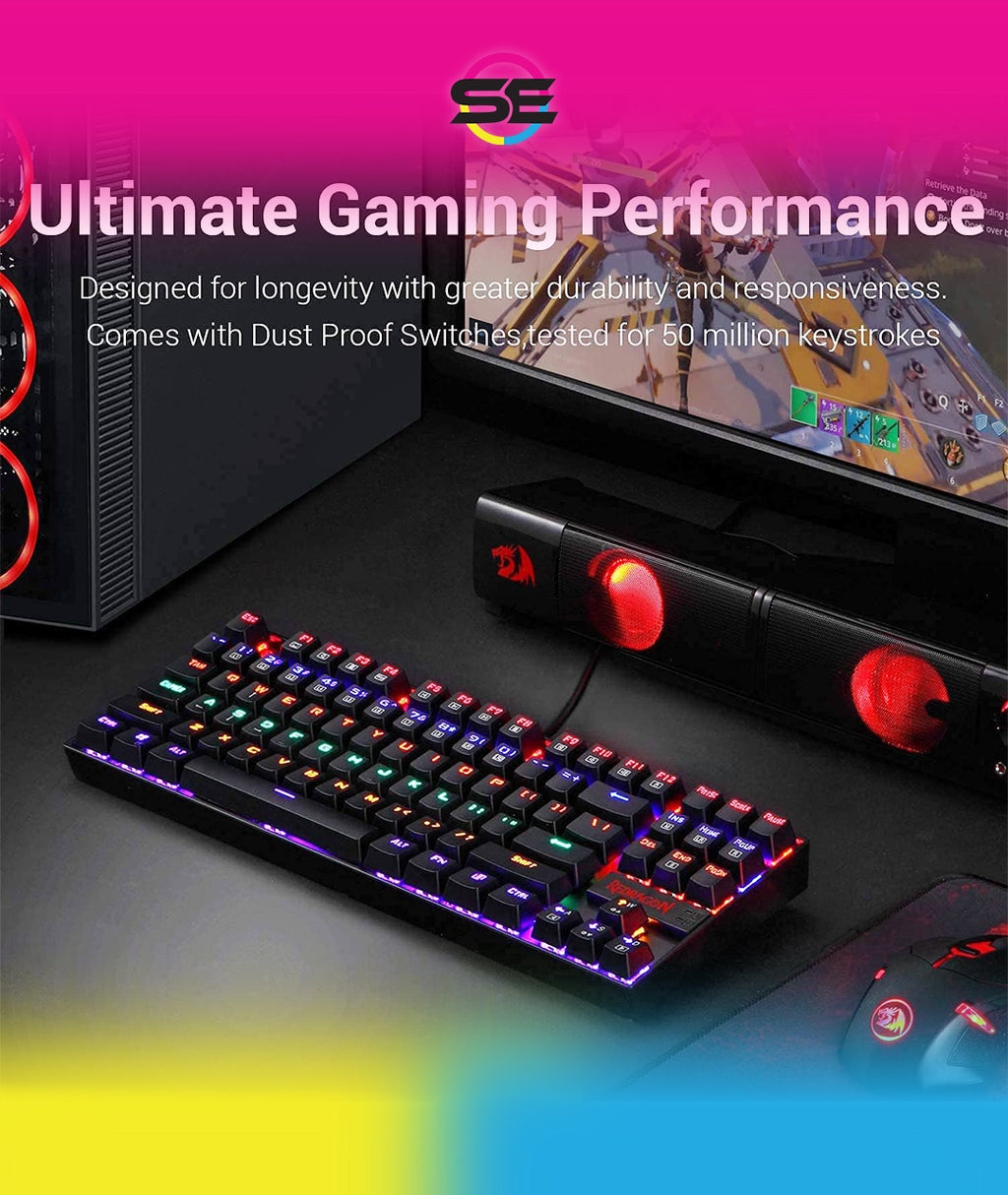 Redragon K552E KUMARA ELITE RGB TKL Wired Mechanical Gaming Keyboard – 87 Keys, Outemu Switch (Blue/Red/Brown/Black), Metal + ABS, Dust Proof – Black