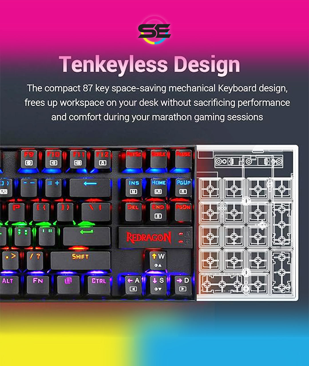 Redragon K552E KUMARA ELITE RGB TKL Wired Mechanical Gaming Keyboard – 87 Keys, Outemu Switch (Blue/Red/Brown/Black), Metal + ABS, Dust Proof – Black
