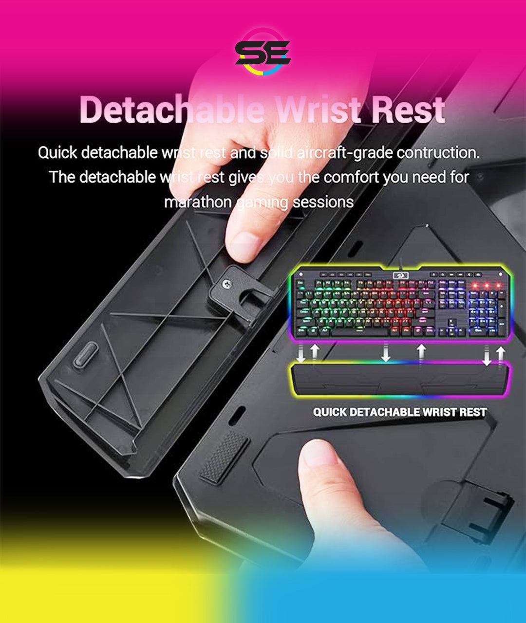 Redragon K555-R INDRAH RGB Wired Mechanical Gaming Keyboard – 104 Keys Full Size, Blue Switch, Macro Keys, Wrist Rest, Spill-Resistant – Black