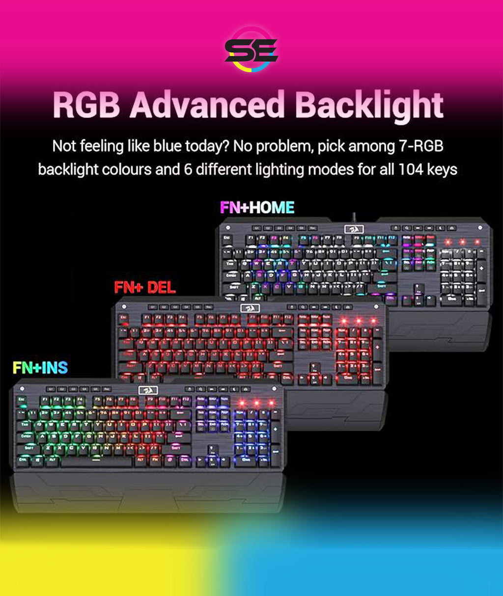 Redragon K555-R INDRAH RGB Wired Mechanical Gaming Keyboard – 104 Keys Full Size, Blue Switch, Macro Keys, Wrist Rest, Spill-Resistant – Black