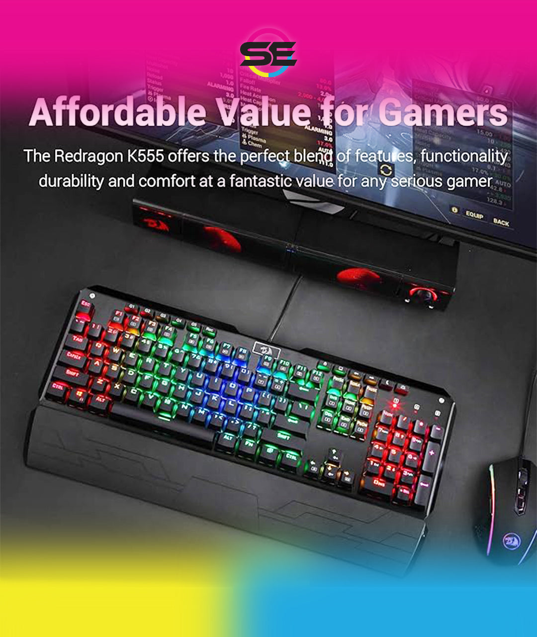 Redragon K555-R INDRAH RGB Wired Mechanical Gaming Keyboard – 104 Keys Full Size, Blue Switch, Macro Keys, Wrist Rest, Spill-Resistant – Black