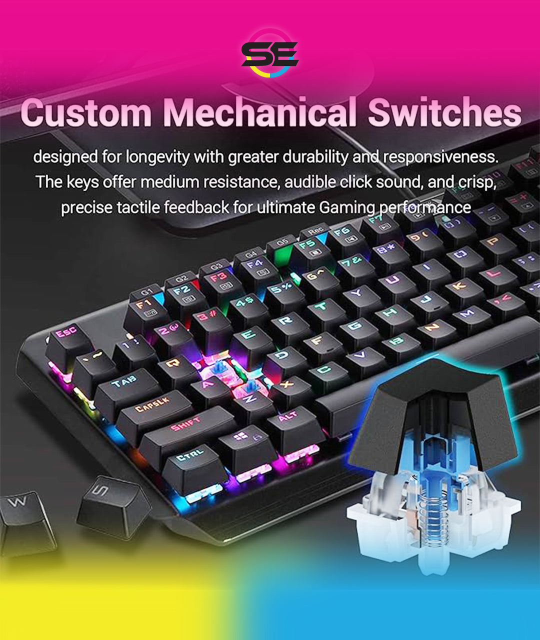 Redragon K555-R INDRAH RGB Wired Mechanical Gaming Keyboard – 104 Keys Full Size, Blue Switch, Macro Keys, Wrist Rest, Spill-Resistant – Black