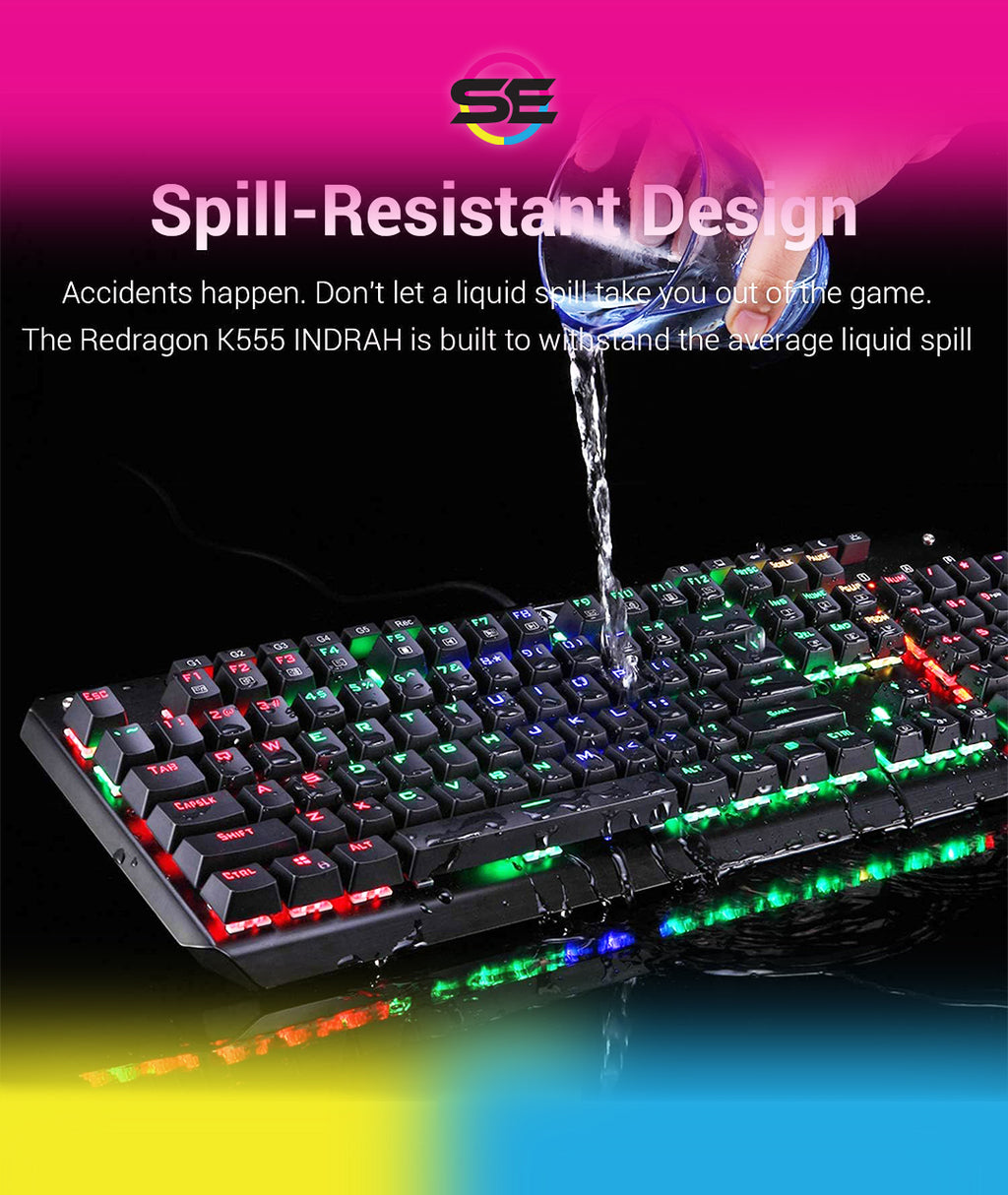 Redragon K555-R INDRAH RGB Wired Mechanical Gaming Keyboard – 104 Keys Full Size, Blue Switch, Macro Keys, Wrist Rest, Spill-Resistant – Black