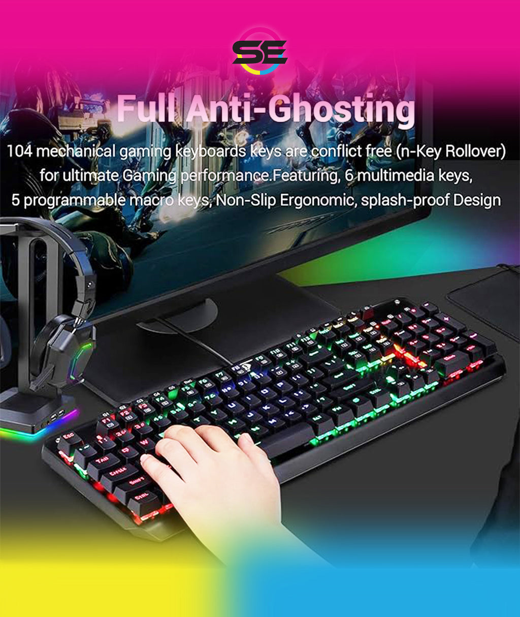 Redragon K555-R INDRAH RGB Wired Mechanical Gaming Keyboard – 104 Keys Full Size, Blue Switch, Macro Keys, Wrist Rest, Spill-Resistant – Black
