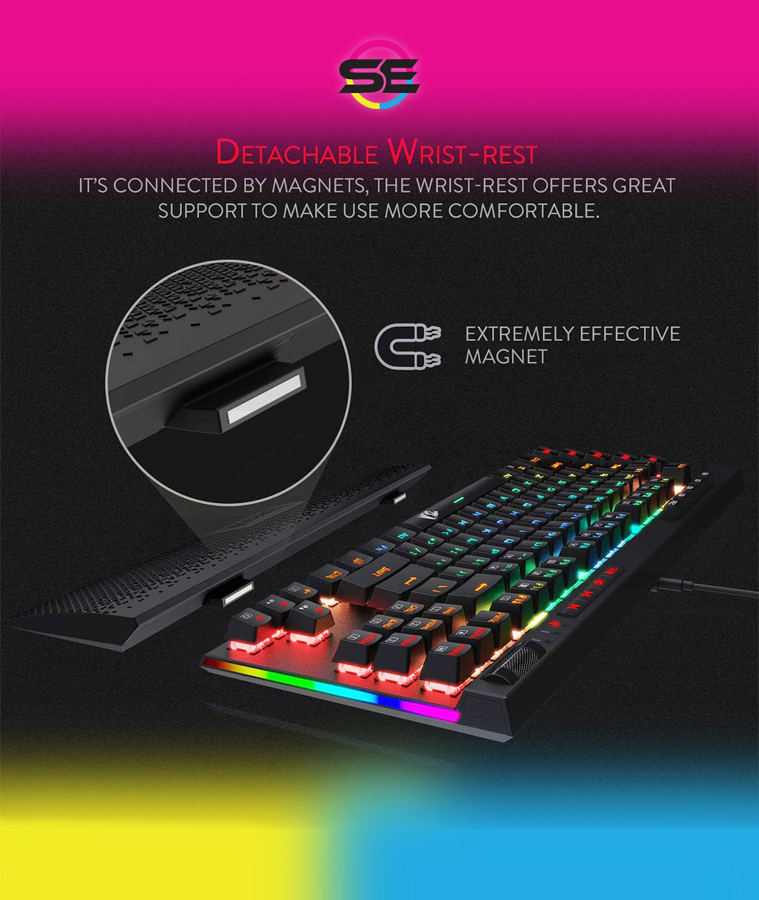 Redragon K587 MAGIC-WAND RGB TKL Wired Gaming Keyboard – 87 Keys, Optical Blue Switch, 9 Macro Keys, Type-C, Detachable Wrist Rest – Black