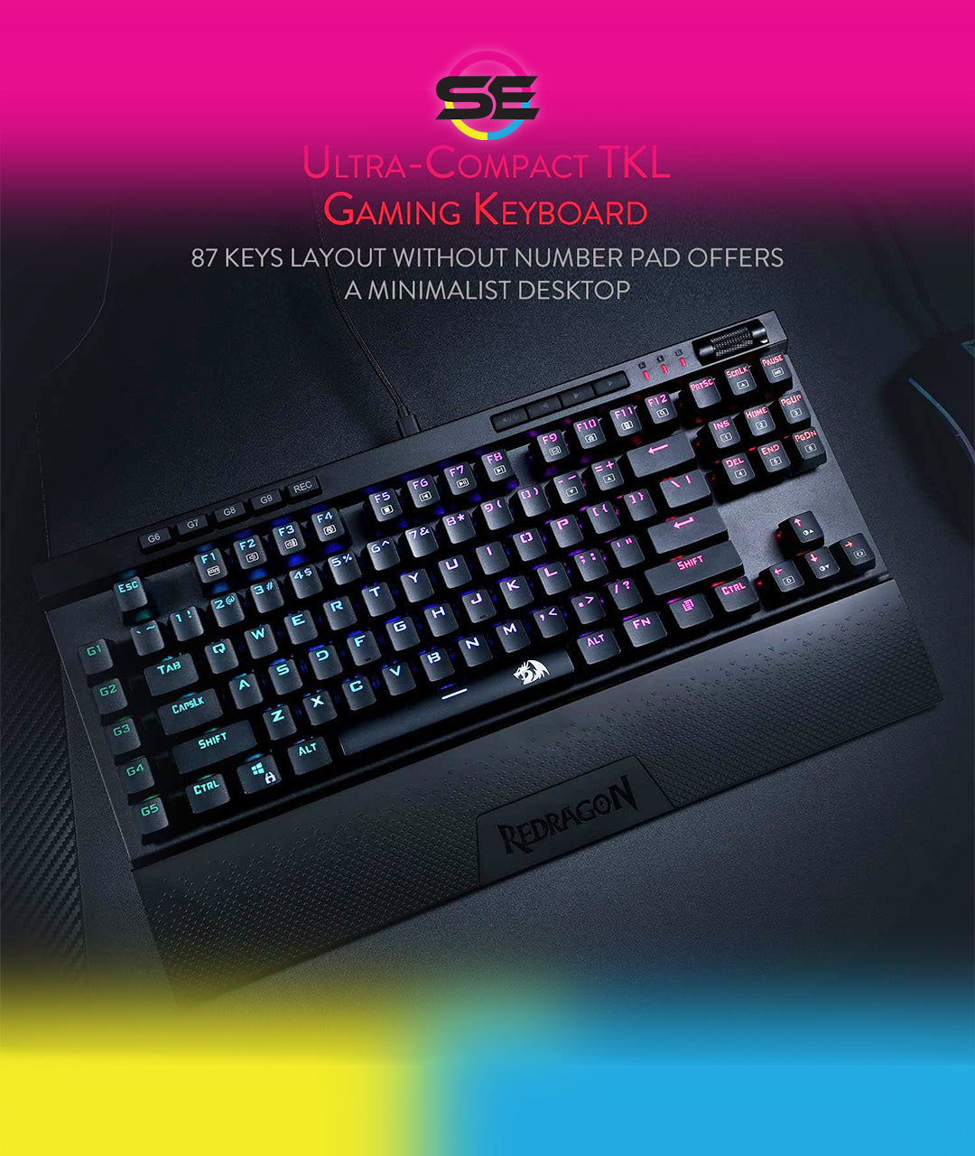 Redragon K587 MAGIC-WAND RGB TKL Wired Gaming Keyboard – 87 Keys, Optical Blue Switch, 9 Macro Keys, Type-C, Detachable Wrist Rest – Black