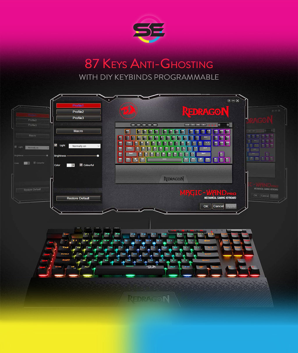 Redragon K587 MAGIC-WAND RGB TKL Wired Gaming Keyboard – 87 Keys, Optical Blue Switch, 9 Macro Keys, Type-C, Detachable Wrist Rest – Black