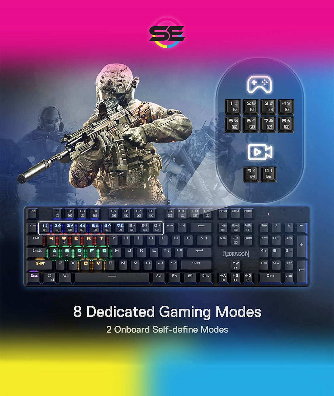 Redragon K608 VALHEIM Rainbow RGB Wired Mechanical Gaming Keyboard – 104 Keys Full Size NKRO, Floated Design, 9 Backlit Modes, 8 Gaming Modes – Black