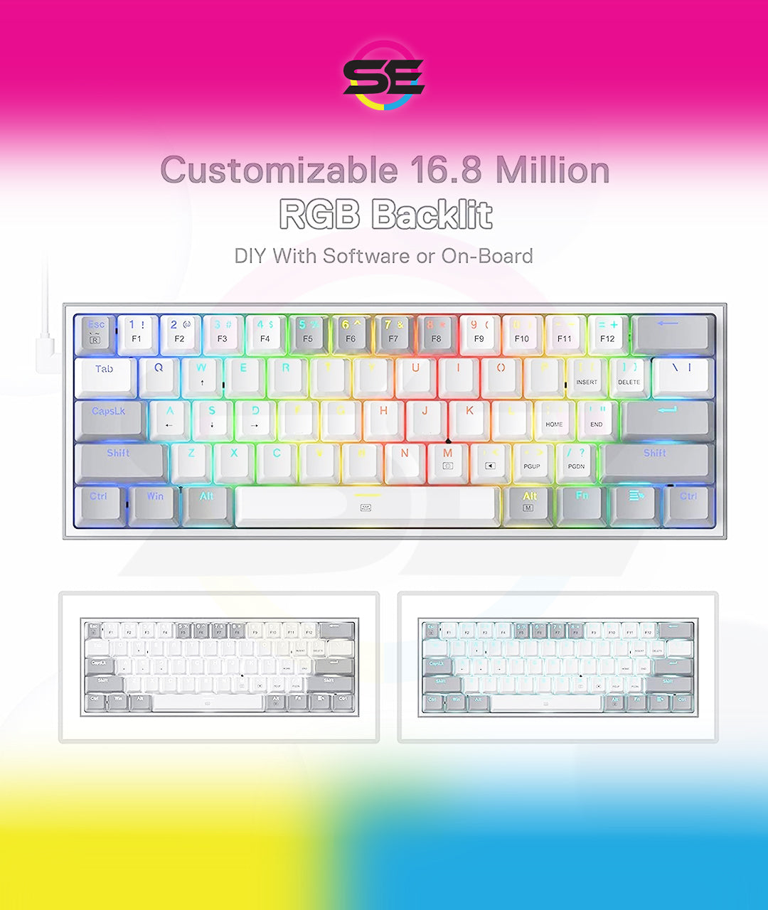 Redragon K616 FIZZ PRO RGB Wireless Tri-Mode Mechanical Gaming Keyboard – 61 Keys 60% Layout, Red Switch, N-Key Rollover, Detachable USB-C – White/Gray
