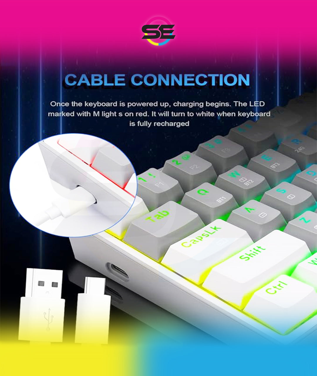 Redragon K616 FIZZ PRO RGB Wireless Tri-Mode Mechanical Gaming Keyboard – 61 Keys 60% Layout, Red Switch, N-Key Rollover, Detachable USB-C – White/Gray