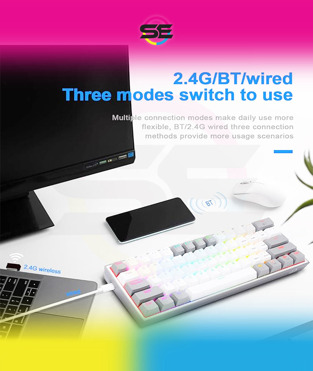 Redragon K616 FIZZ PRO RGB Wireless Tri-Mode Mechanical Gaming Keyboard – 61 Keys 60% Layout, Red Switch, N-Key Rollover, Detachable USB-C – White/Gray
