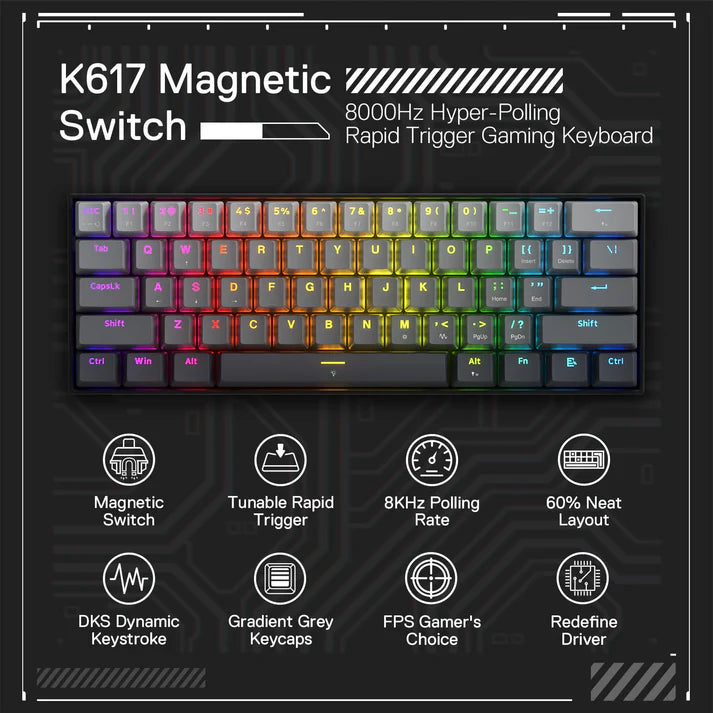 Redragon K617 Rapid Trigger RGB Magnetic Gaming Keyboard – 61 Keys 60% Layout, Hall Effect Magnetic Switch, 8000Hz Polling Rate, Adjustable Actuation 0.1–4.0mm – Misty Grey