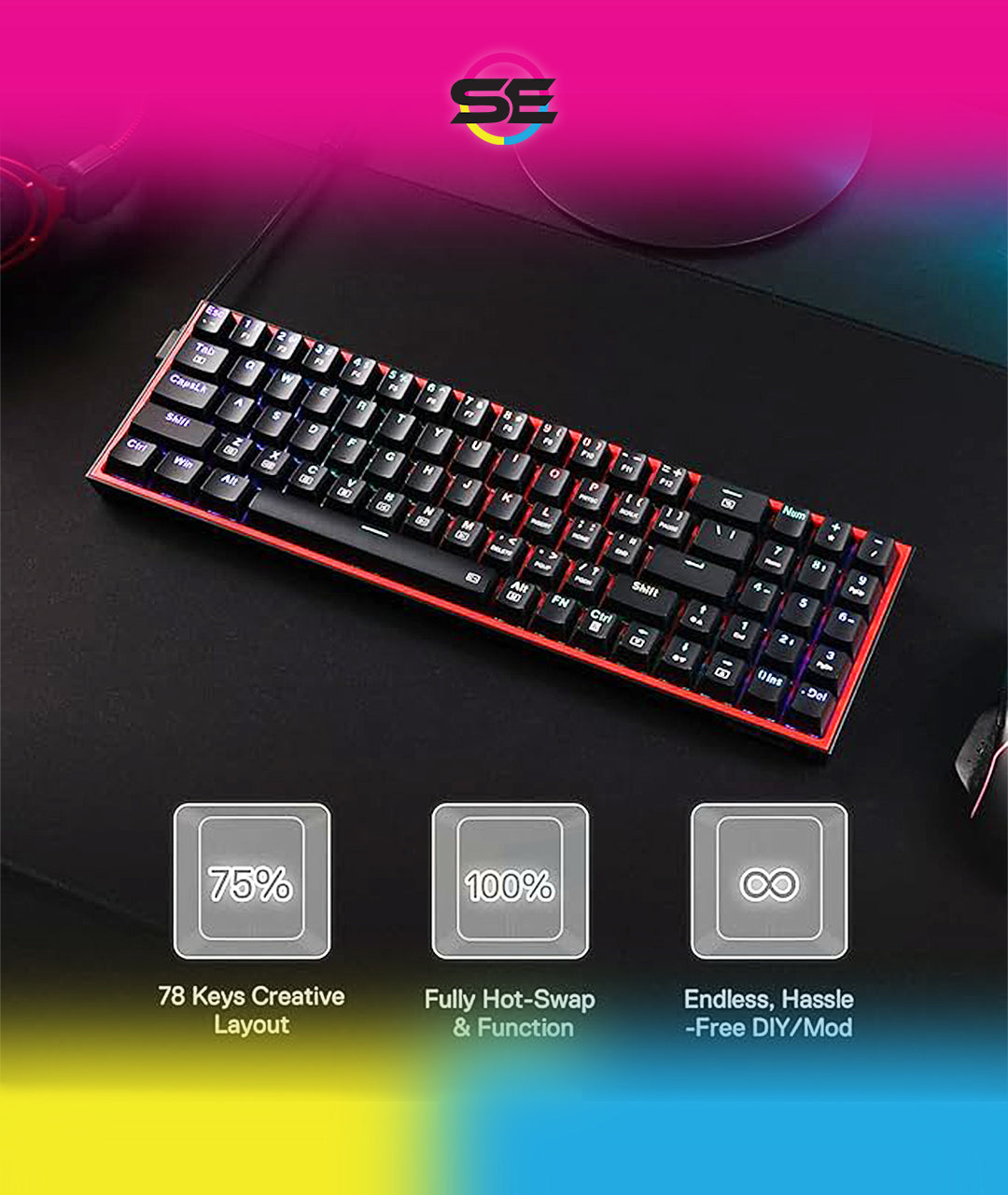 Redragon K628 POLLUX RGB 75% Hot-Swap Wired Mechanical Gaming Keyboard – 78 Keys, Red Switch, Free-Mod PCB, 470g Ultra-Light, Pro Software – Black/Red