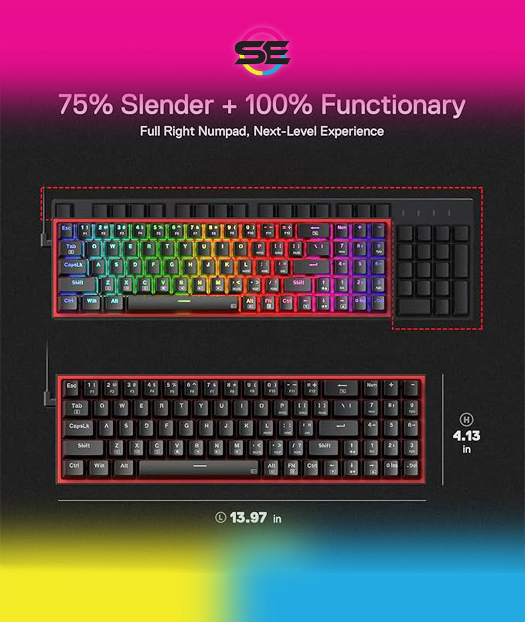 Redragon K628 POLLUX RGB 75% Hot-Swap Wired Mechanical Gaming Keyboard – 78 Keys, Red Switch, Free-Mod PCB, 470g Ultra-Light, Pro Software – Black/Red