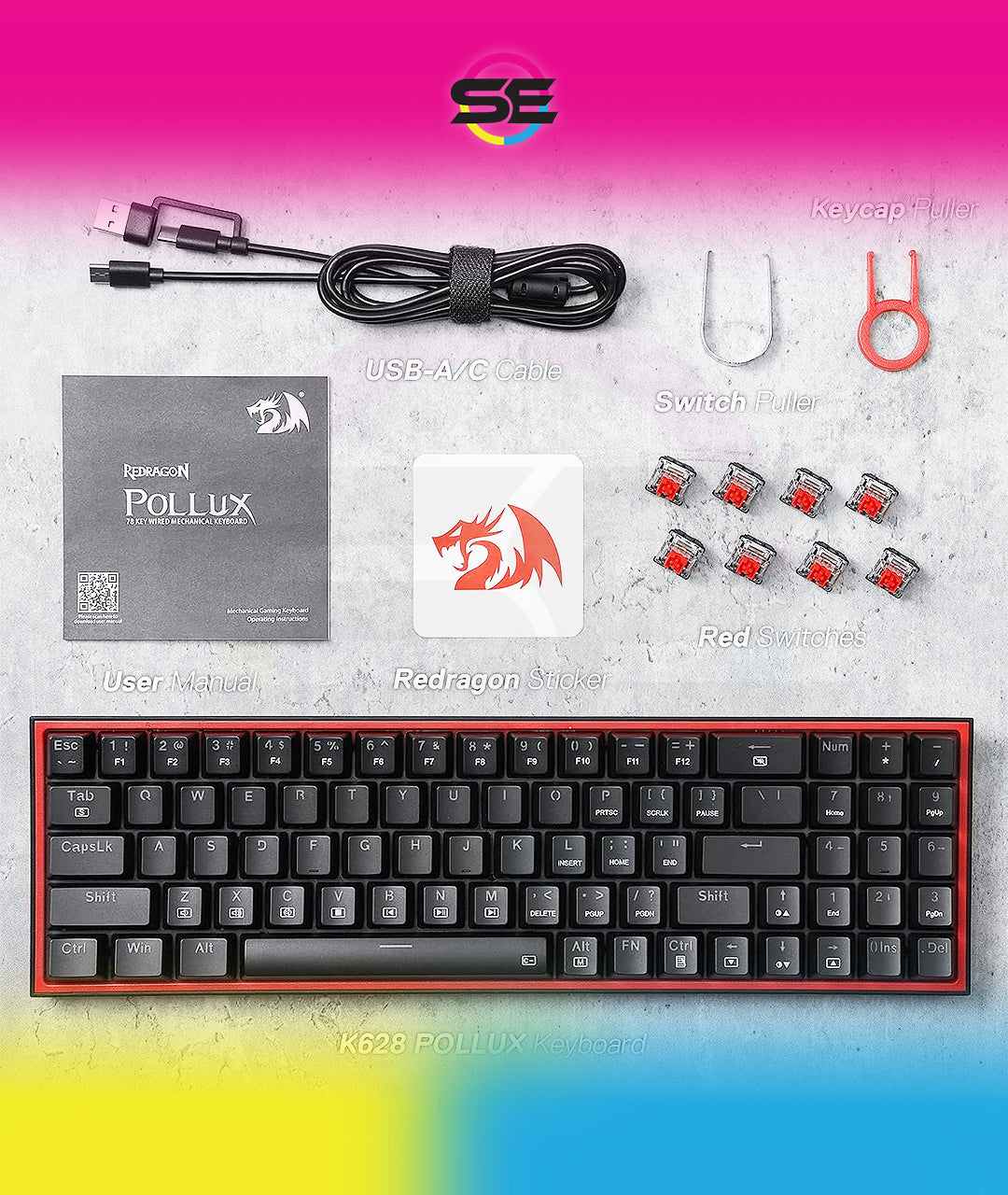 Redragon K628 POLLUX RGB 75% Hot-Swap Wired Mechanical Gaming Keyboard – 78 Keys, Red Switch, Free-Mod PCB, 470g Ultra-Light, Pro Software – Black/Red
