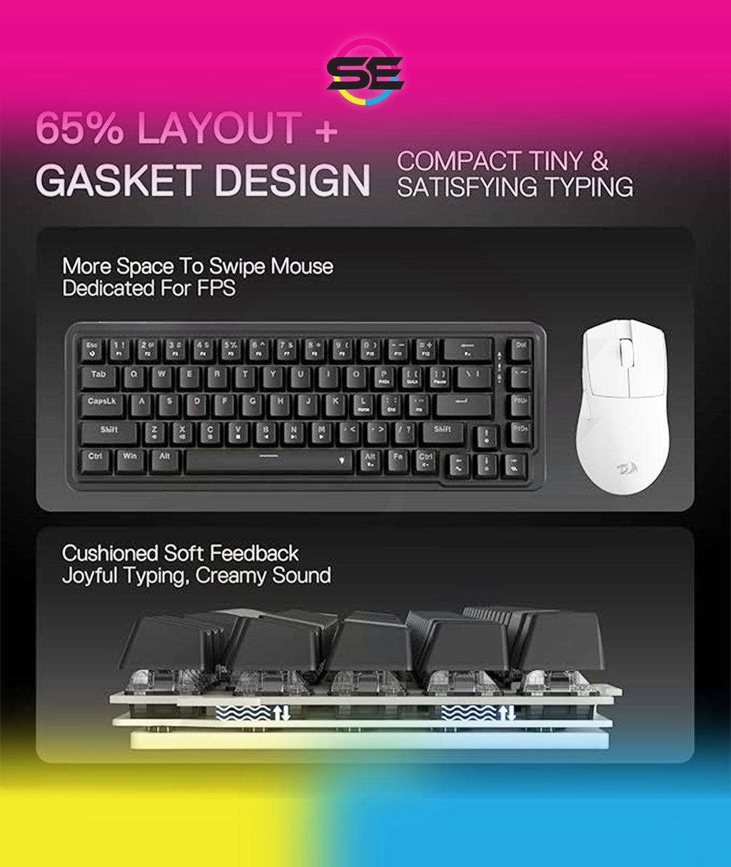 Redragon K709 RGB 65% Wireless Gasket Hot-Swap Mechanical Gaming Keyboard – 68 Keys, Custom Dragon Chant Linear Switch, 5-Layer Noise Dampening, Round PBT Keycaps, Tri-Mode – Black
