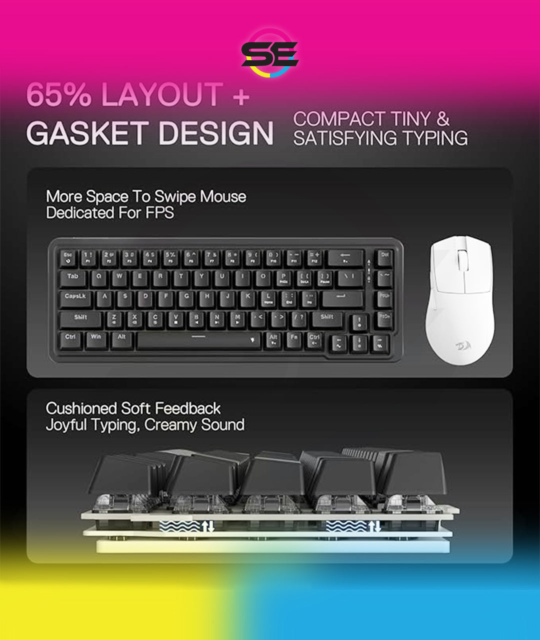Redragon K709 RGB 65% Wireless Gasket Hot-Swap Mechanical Gaming Keyboard – 68 Keys, Custom Dragon Chant Linear Switch, 5-Layer Noise Dampening, Round PBT Keycaps, Tri-Mode – Black