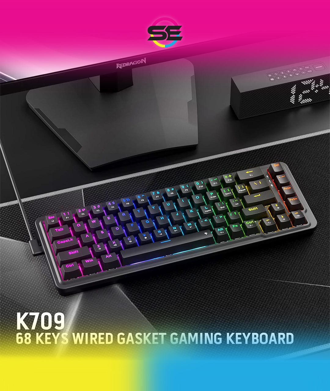 Redragon K709 RGB 65% Wireless Gasket Hot-Swap Mechanical Gaming Keyboard – 68 Keys, Custom Dragon Chant Linear Switch, 5-Layer Noise Dampening, Round PBT Keycaps, Tri-Mode – Black