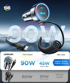 JOYROOM JR-CL07 90W 3-in-1 Car Charger with 1.6m Coiled USB-C Cable