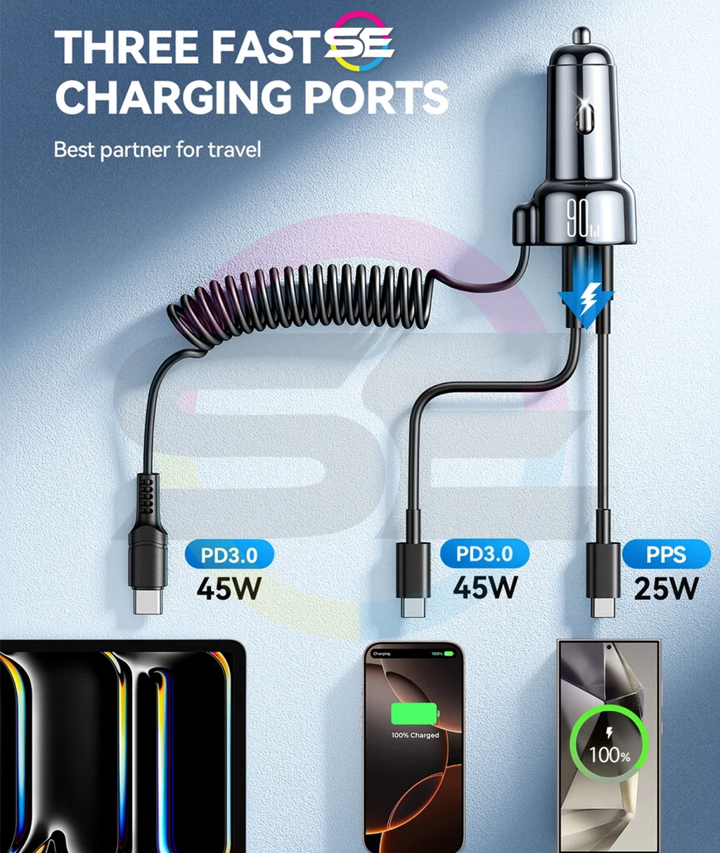 JOYROOM JR-CL07 90W 3-in-1 Car Charger with 1.6m Coiled USB-C Cable