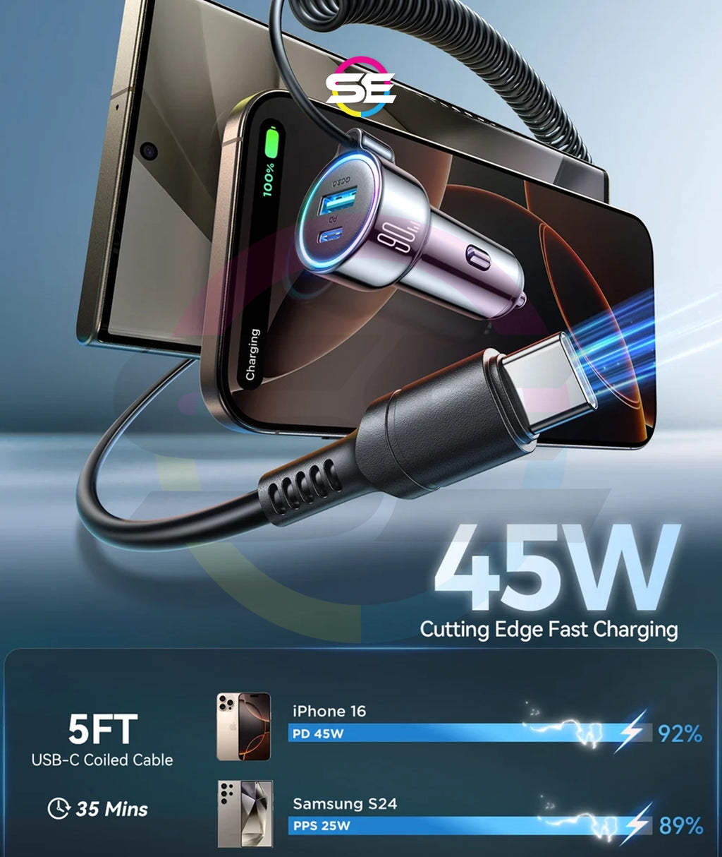 JOYROOM JR-CL07 90W 3-in-1 Car Charger with 1.6m Coiled USB-C Cable