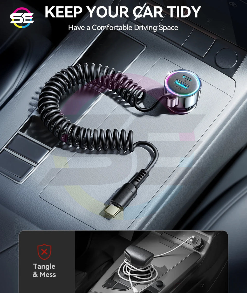 JOYROOM JR-CL07 90W 3-in-1 Car Charger with 1.6m Coiled USB-C Cable