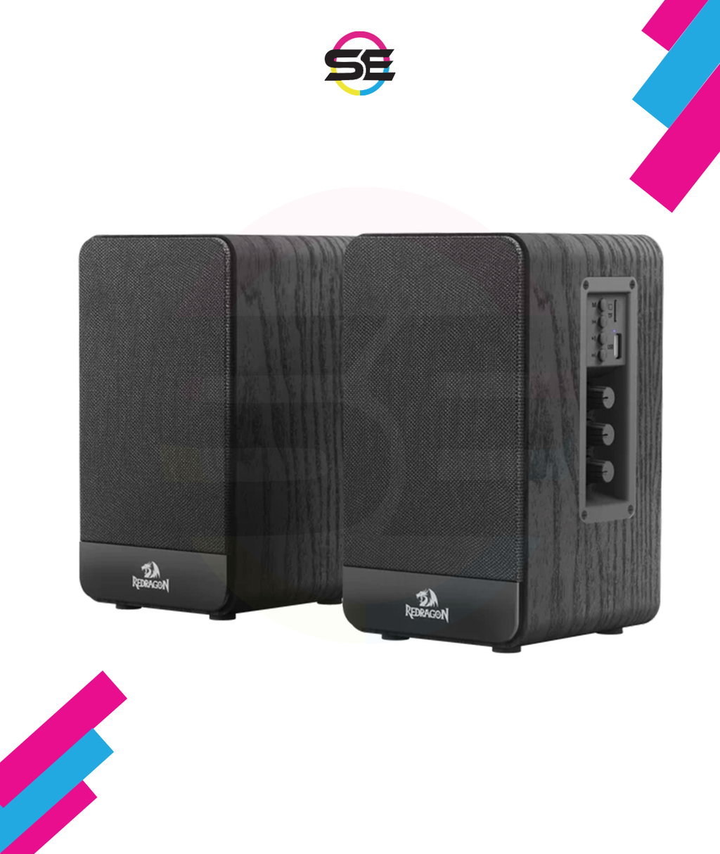 Redragon GS813 Wireless Desktop Bookshelf Speakers – 2.0 Channel, 20W DC, 3.5" Bass Drivers, BT5.0/AUX/SD Card/USB, Volume & Treble/Bass Knob, Media Control – Black Wood