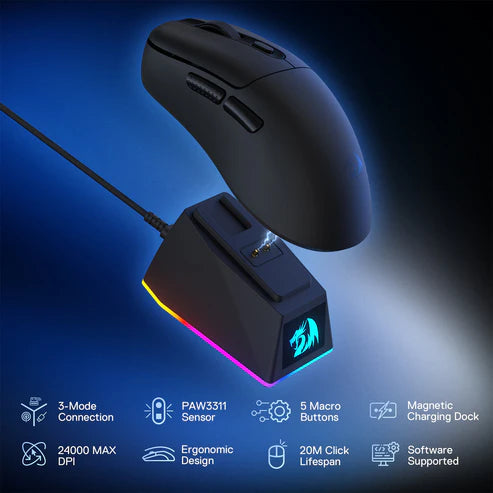 Redragon M998-STD 1K Tri-Mode Wireless Gaming Mouse – 24K DPI 61g Ultra-Light Magnetic RGB Dock